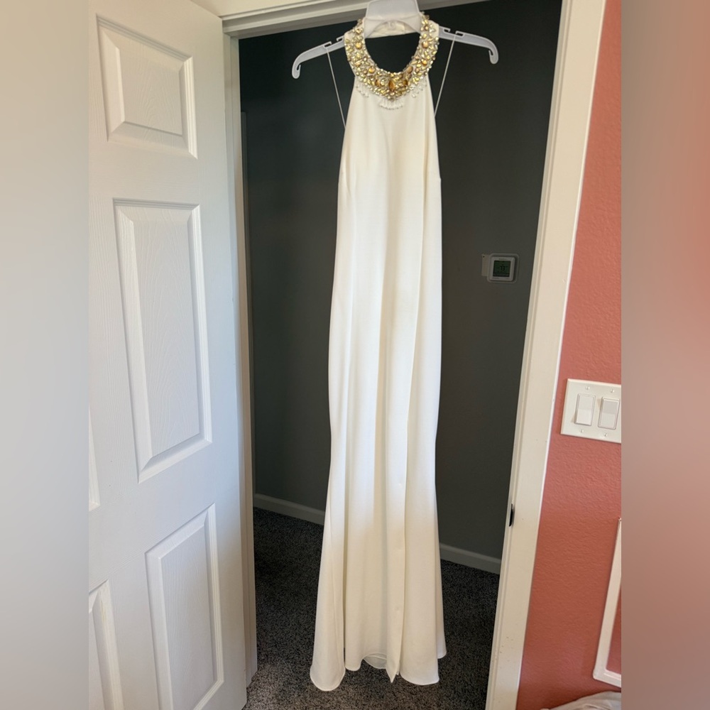 Adrianna Papell Cream Halter Breaded Gown